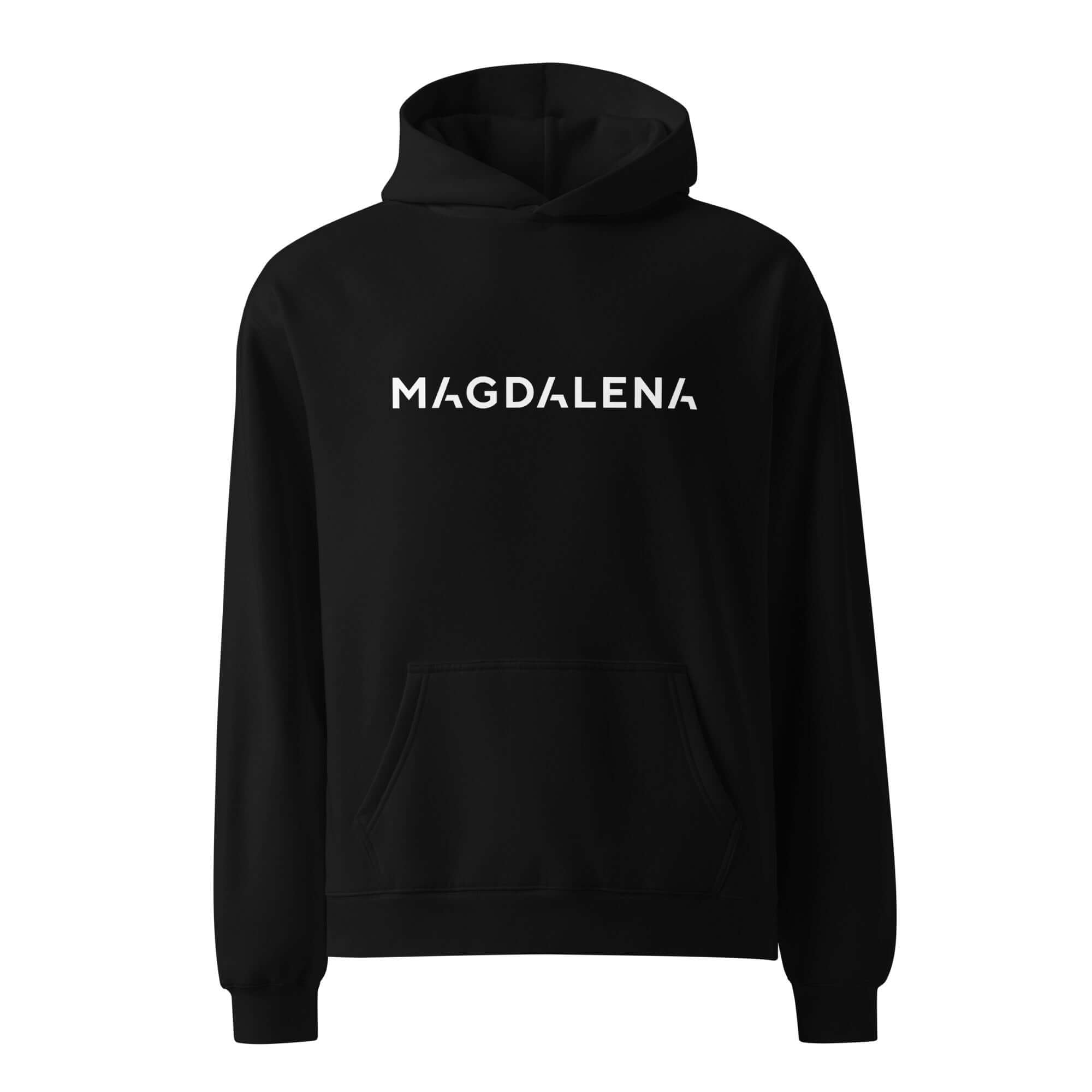 Black hoodie with 'MAGDALENA' text on a white background