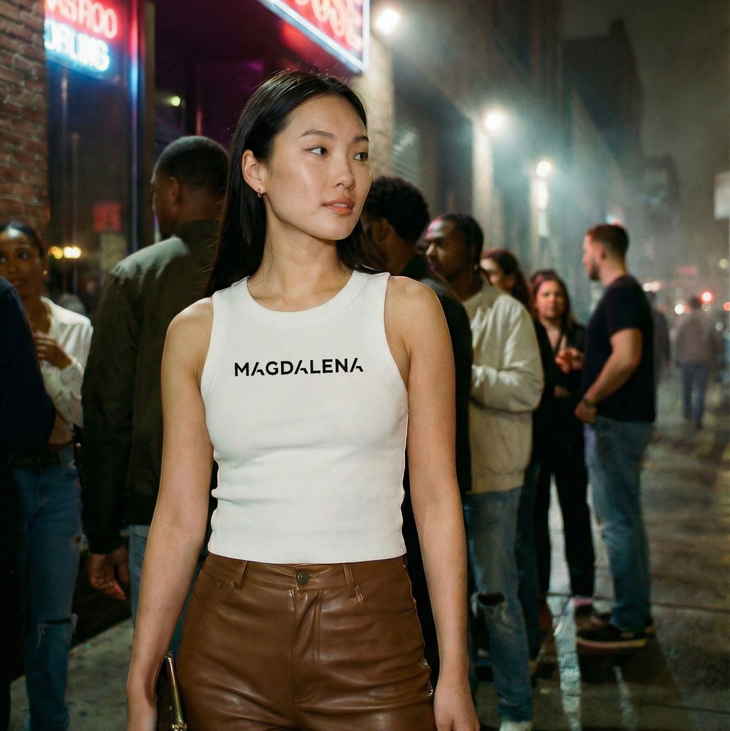 Woman wearing a white tank top with 'Magdalena' text and brown leather pants standing in a crowd at night.