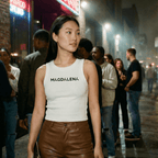 Woman wearing a white tank top with 'Magdalena' text and brown leather pants standing in a crowd at night.