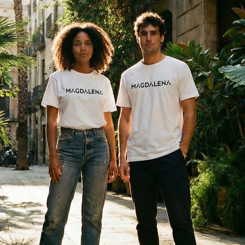 Two people wearing 'MAGDALENA' t-shirts standing on a sunlit Barcelona street with palm trees and stone buildings.